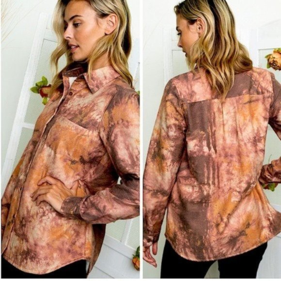 Navy Tie Dye Fleece Lined Flannel Button Down Top - Picture 9 of 9